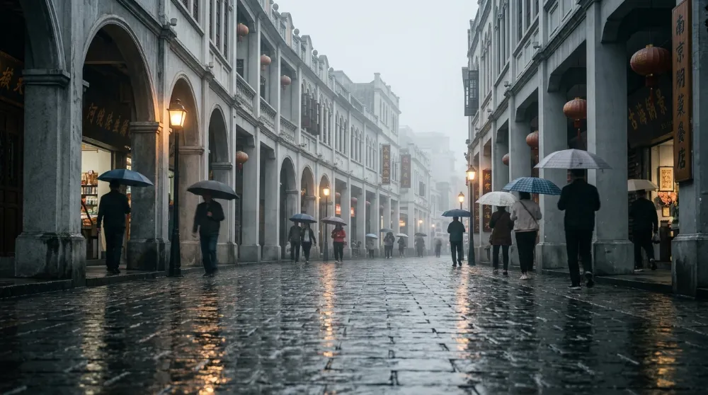 廣州春季天氣與傳統騎樓微雨街景 廣州春季天氣與傳統騎樓微雨街景